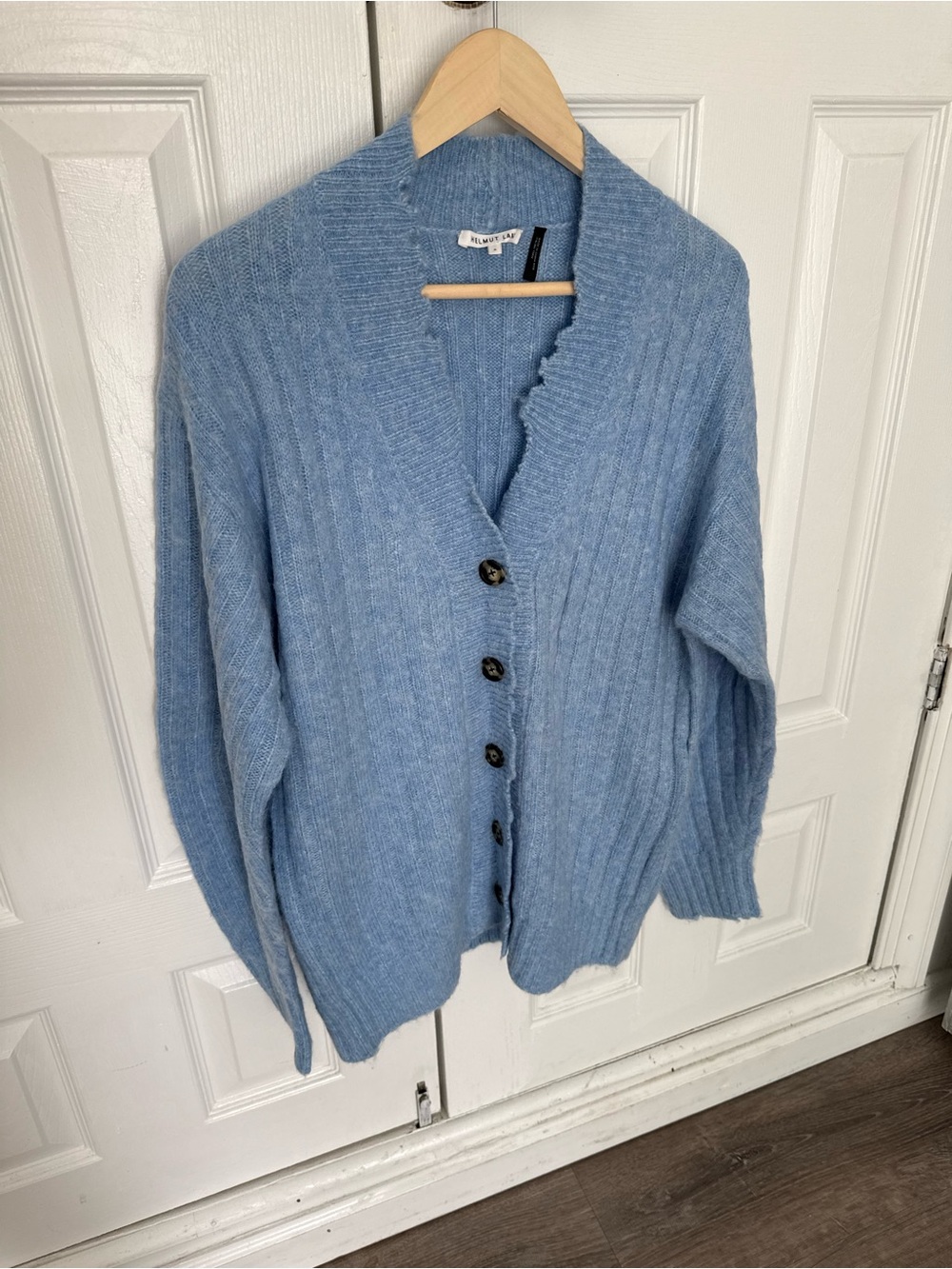 NEW Helmut Lang Pale Blue Ribbed Button-Front Cardigan